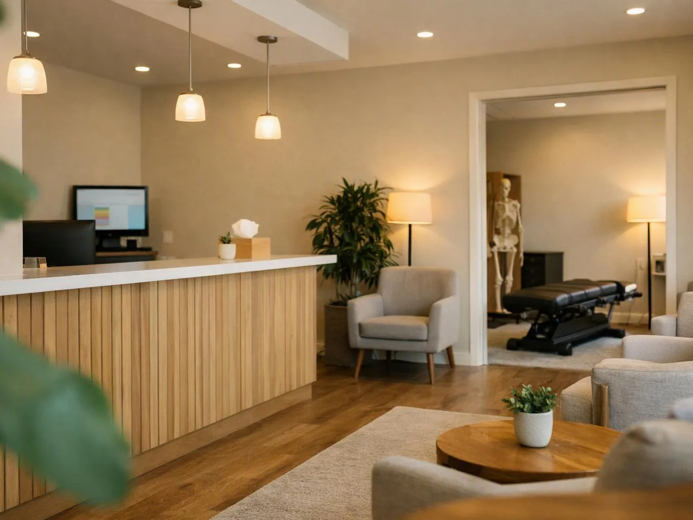 A warm waiting room with a wood counter, chairs, plants, and a treatment room showing a skeleton model