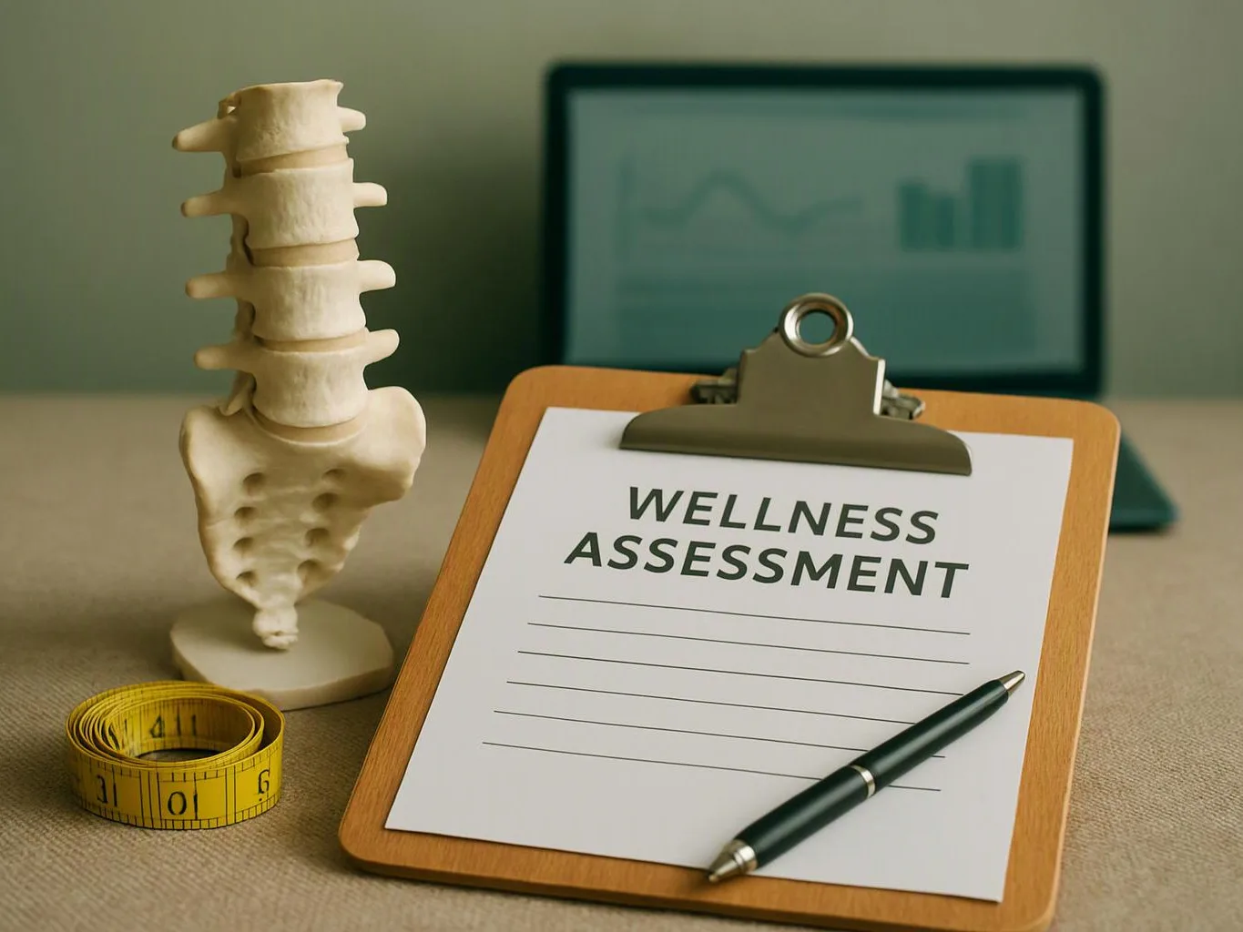 A wellness assessment clipboard sits beside a spine model, measuring tape, pen, and a blurred laptop screen