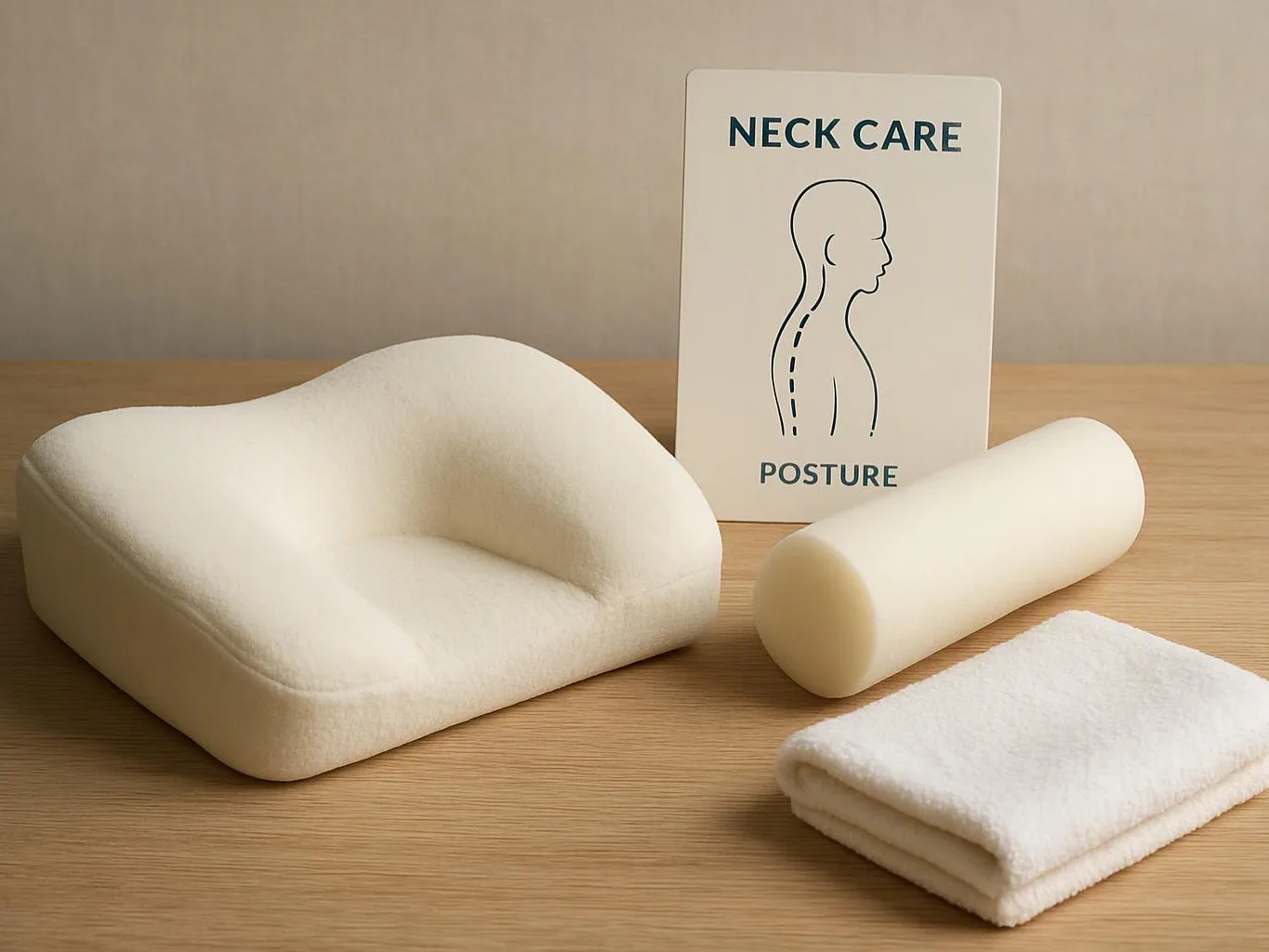 A white neck pillow, a foam cylinder, a folded towel, and a posture card sit on a wooden table
