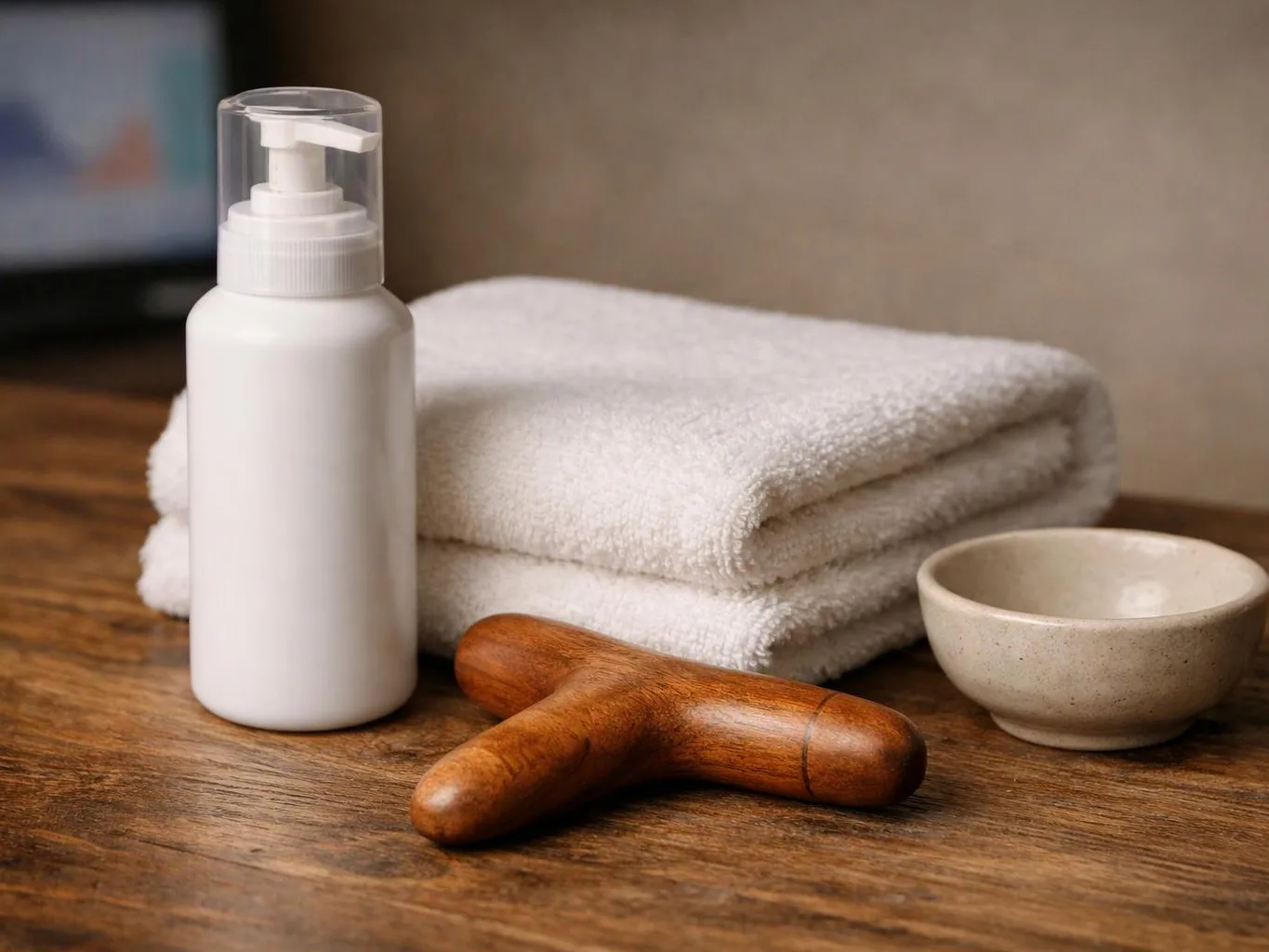 A white pump bottle, folded towels, a wooden massage tool, and a small bowl sit on a wooden table