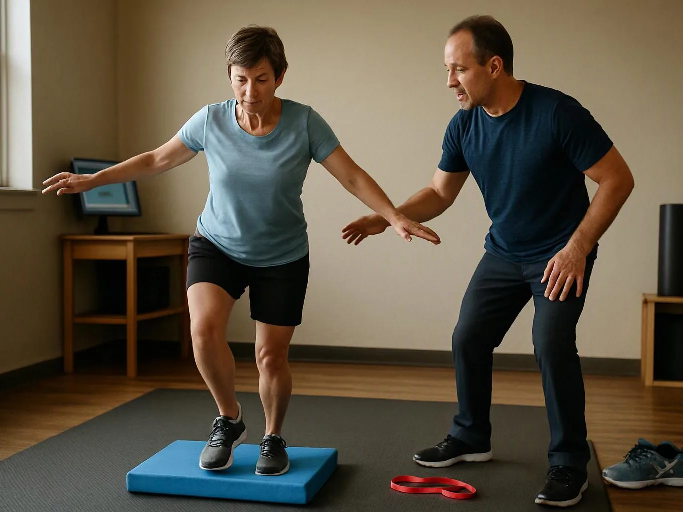 A woman balances on a blue foam pad while a man spots her in a simple exercise room