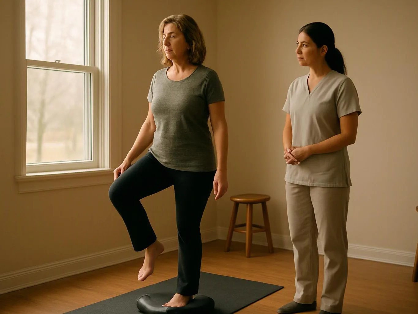 A woman balances on one leg on a black mat while another woman stands beside her in a bright room