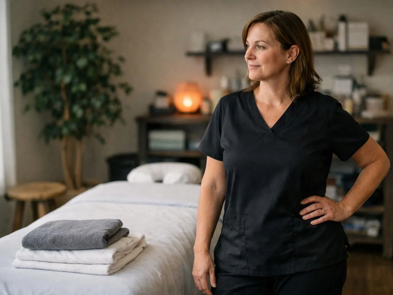 A woman in black scrubs stands beside a massage table with folded towels in a calm treatment room
