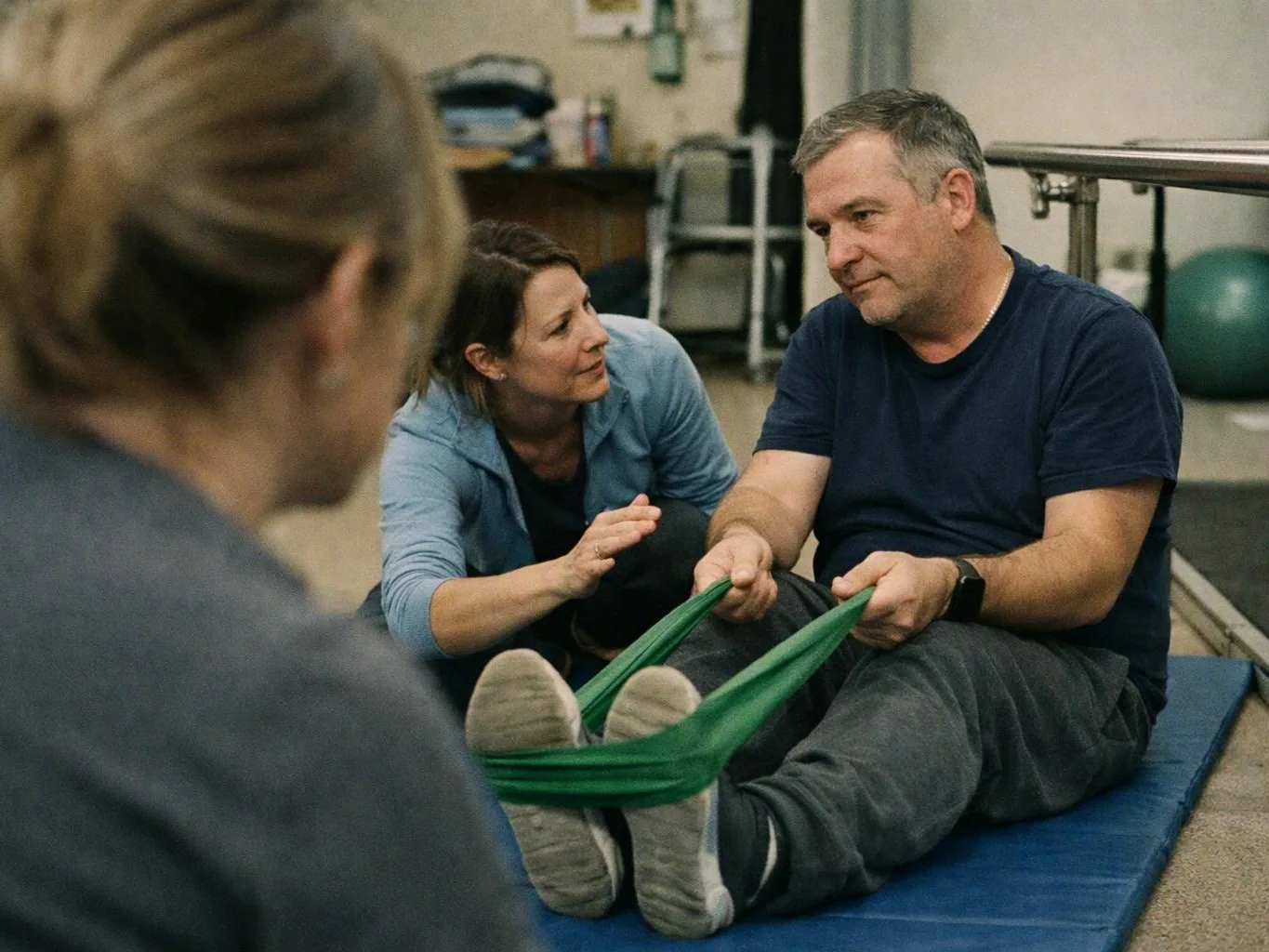 A woman coaches a man using a green resistance band while another person watches in a gym setting