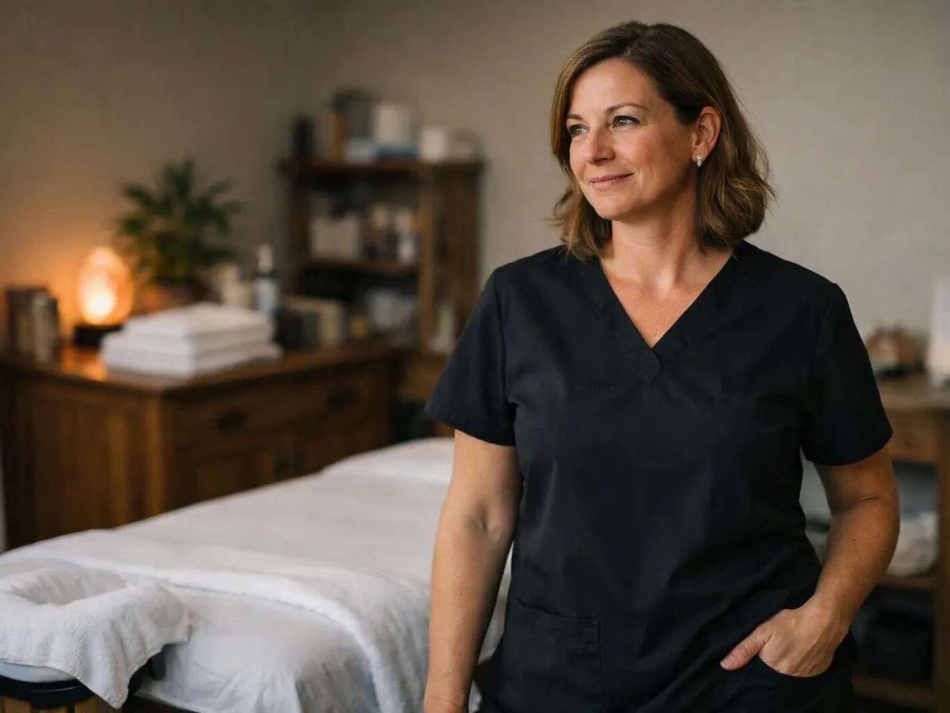 A woman in dark scrubs stands beside a massage table in a softly lit treatment room