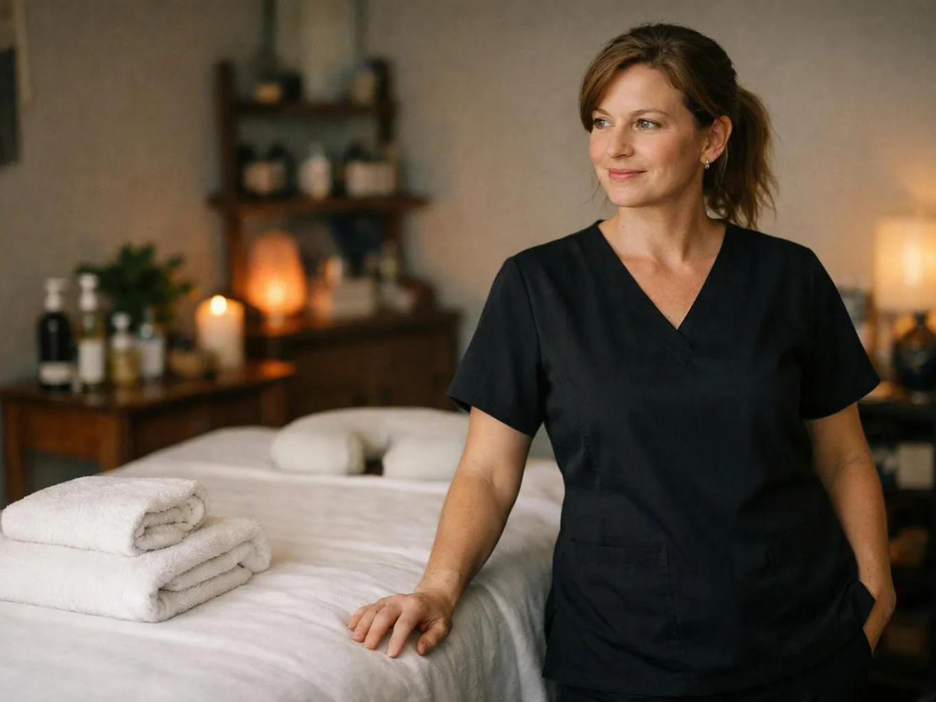 A woman in dark scrubs stands beside a neatly made massage table with folded towels in a softly lit spa room