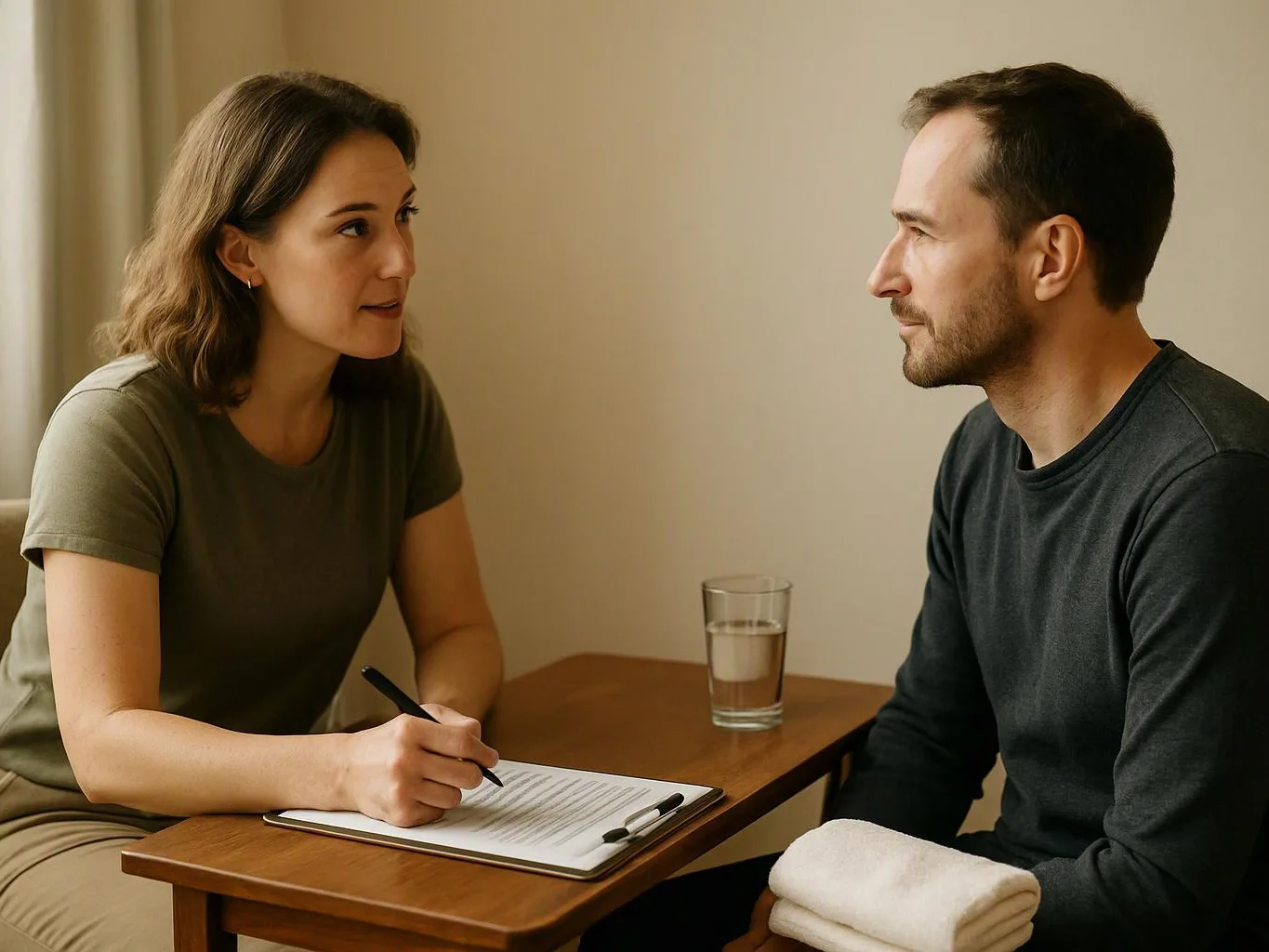 A woman fills out a form while speaking to a man across a small wooden table in a plain room