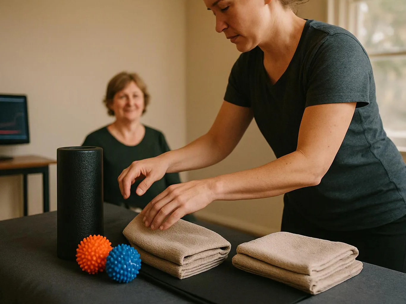A woman folds beige towels on a dark table while another woman watches in a warm room