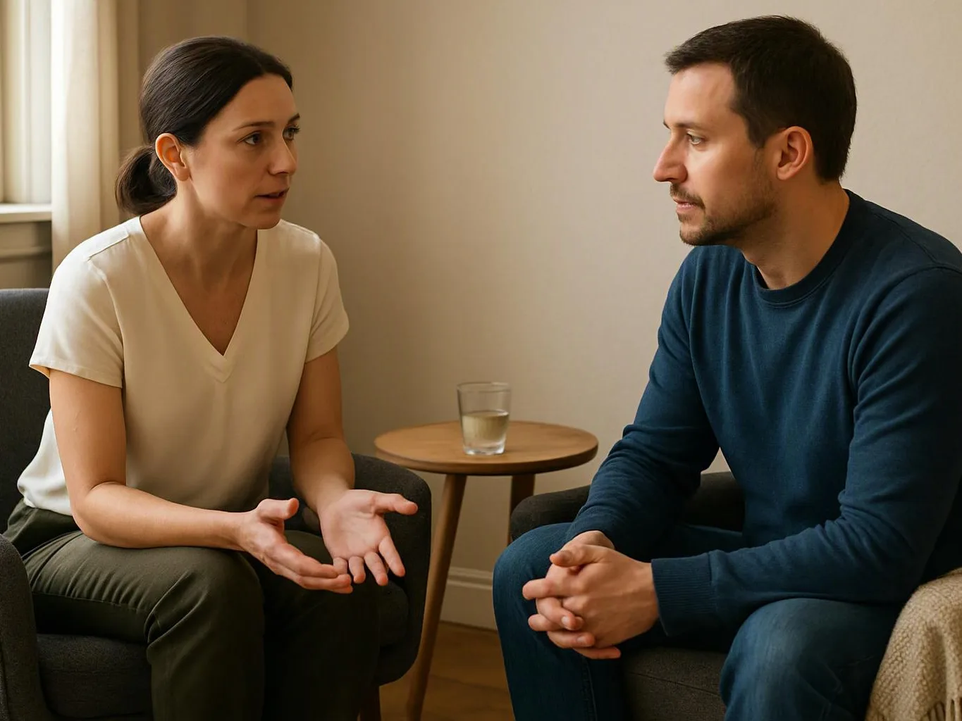 A woman gestures while speaking to a man seated across from her in a quiet room