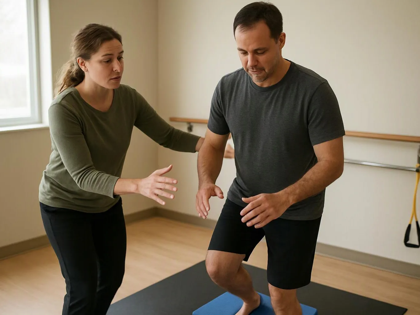 A woman guides a man balancing on one leg on a mat in a bright exercise studio