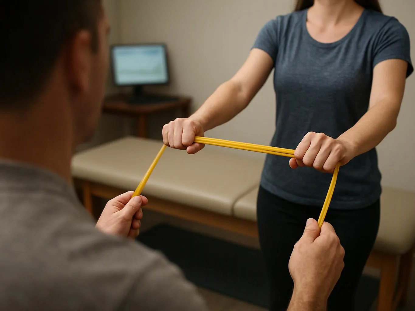 A woman holds a yellow resistance band while a man grips the ends in a therapy room