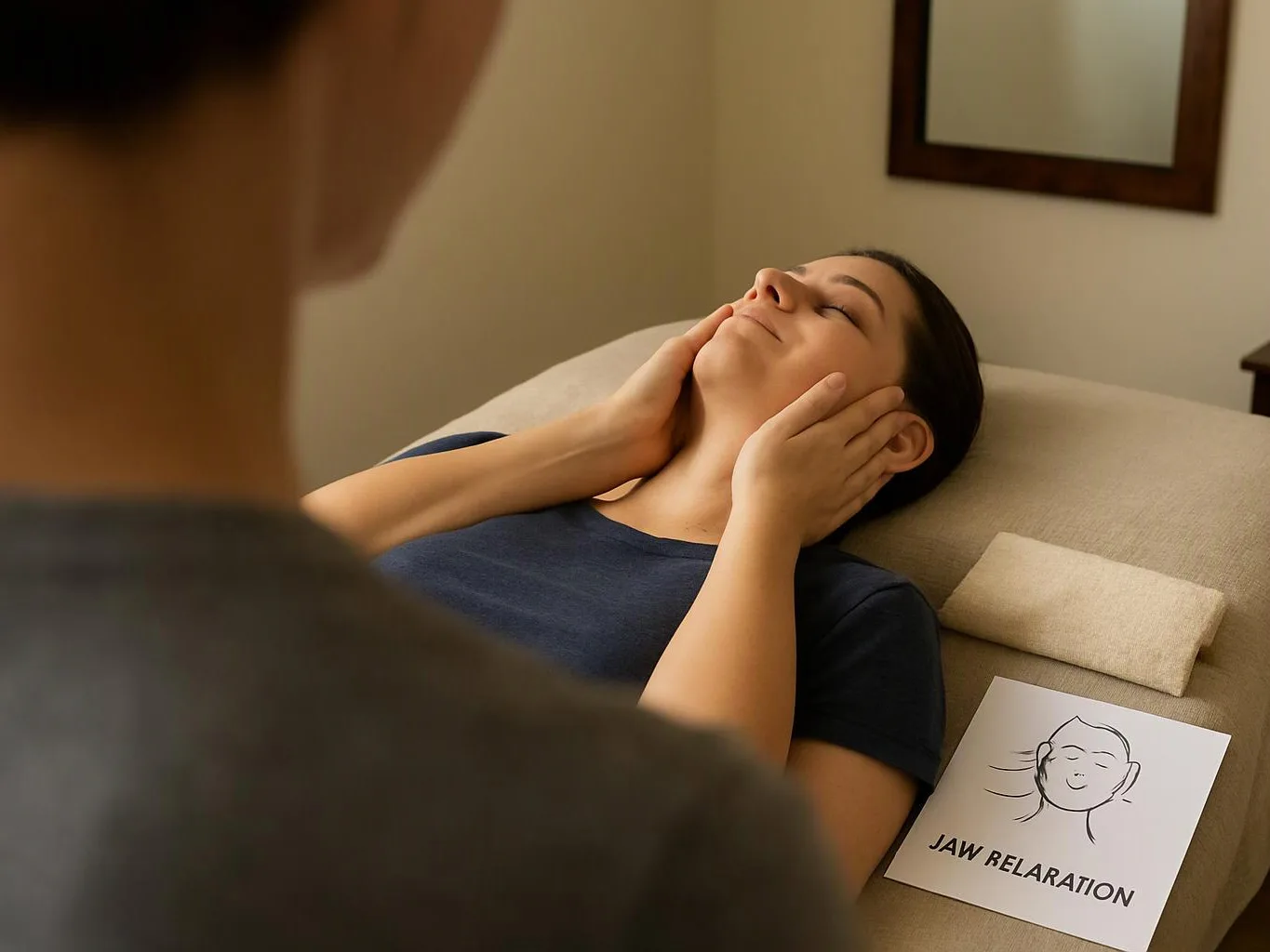 A woman lies on a treatment table while another person massages her jaw, with a jaw relaxation chart nearby