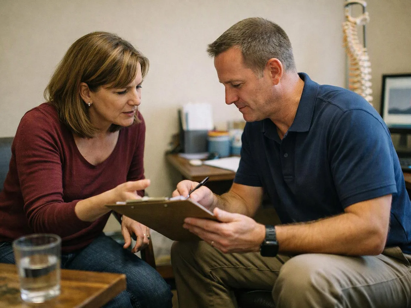 A woman and a man lean over a clipboard in a clinic room with a spine model behind them