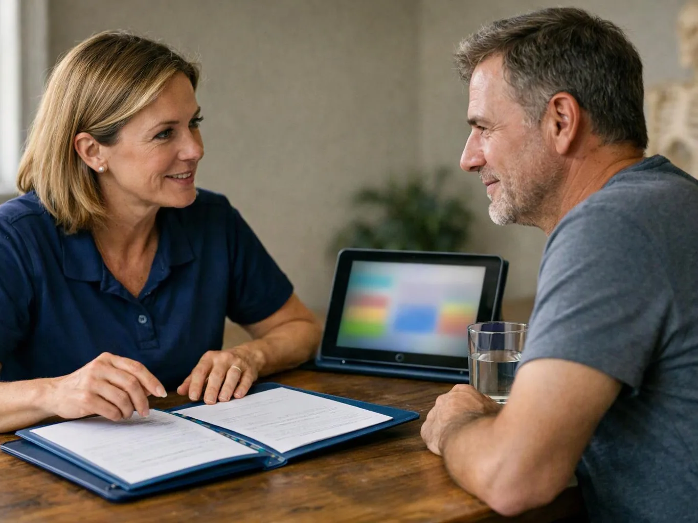 A woman and man sit at a table reviewing papers, with a tablet and glass of water beside them