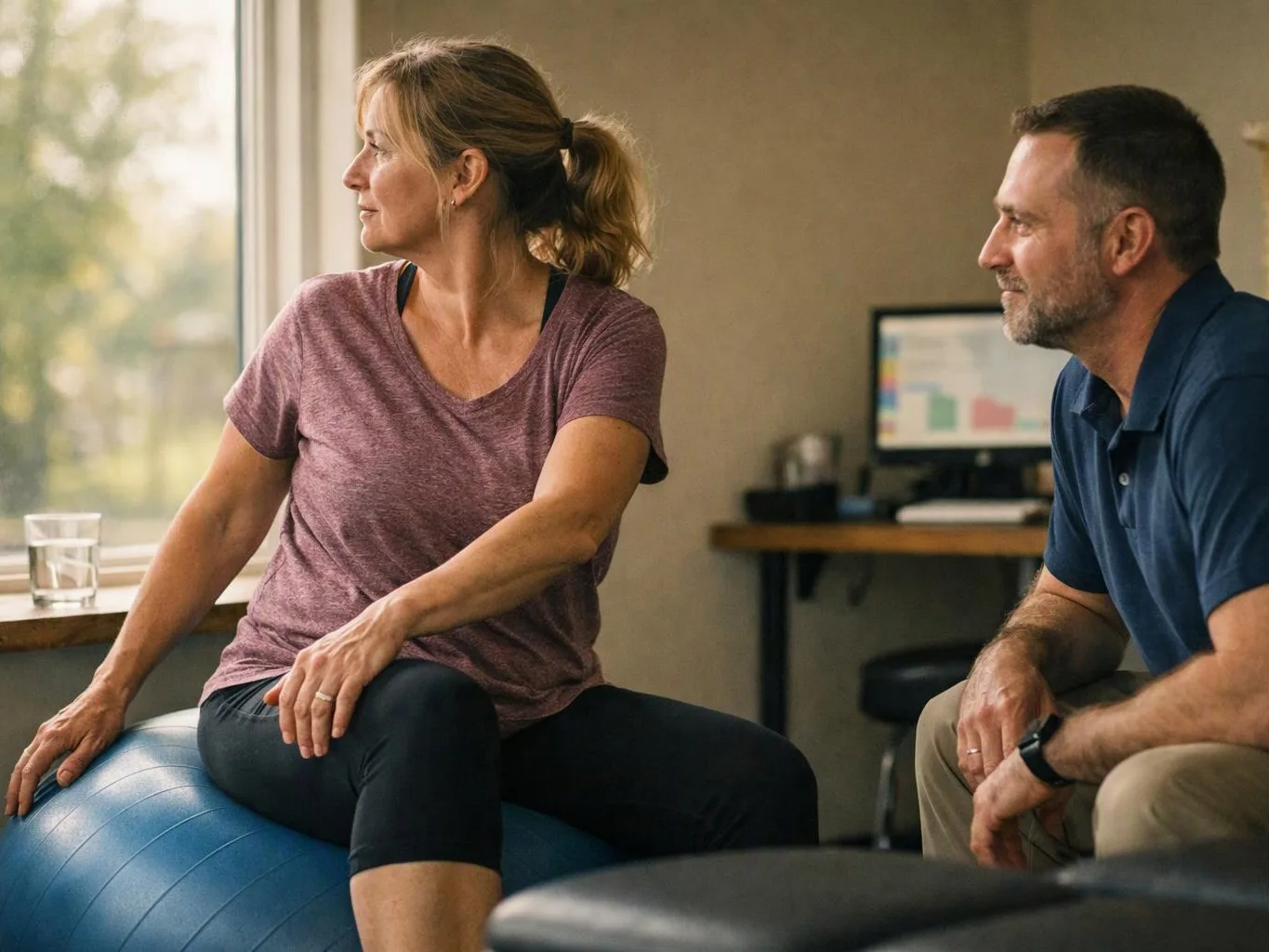 A woman sits on a blue exercise ball near a window while a man watches beside her in a room
