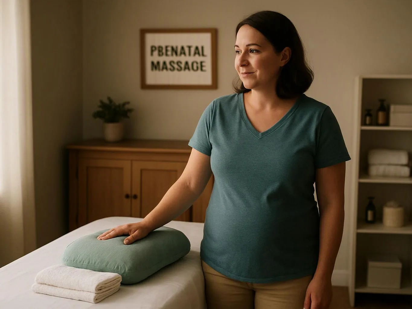 A woman stands beside a massage table in a calm room, with a sign reading “PRENATAL MASSAGE” behind her