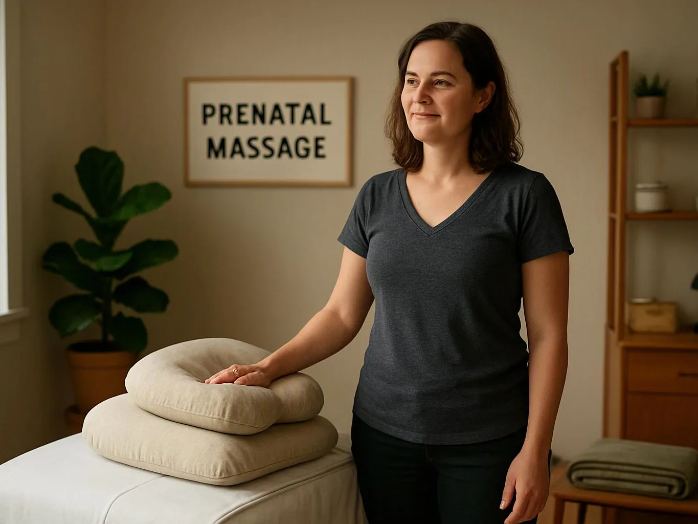A woman stands beside a massage table with cushions in a calm room marked “PRENATAL MASSAGE”