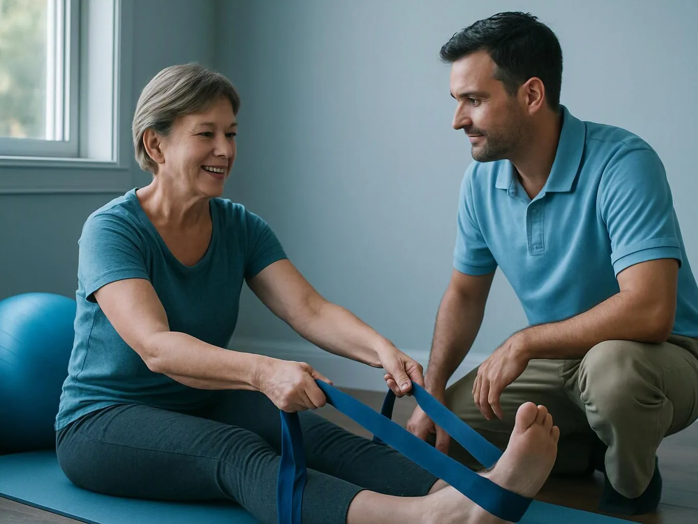 A woman stretches her foot with a blue strap while a man kneels beside her in a bright room