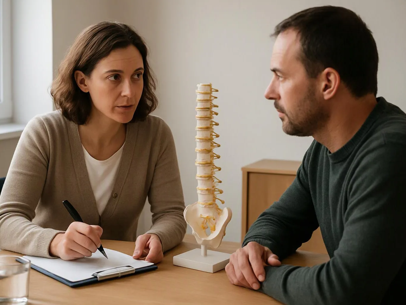 A woman takes notes while talking to a man across a table beside a spine model in a bright room