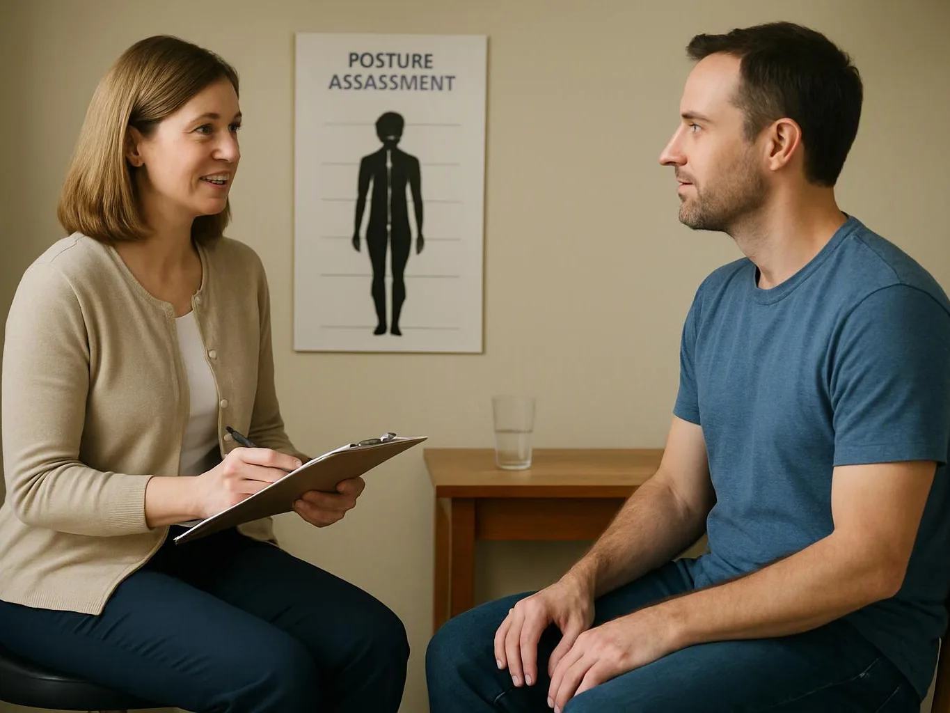 A woman takes notes while talking with a seated man in a posture assessment room