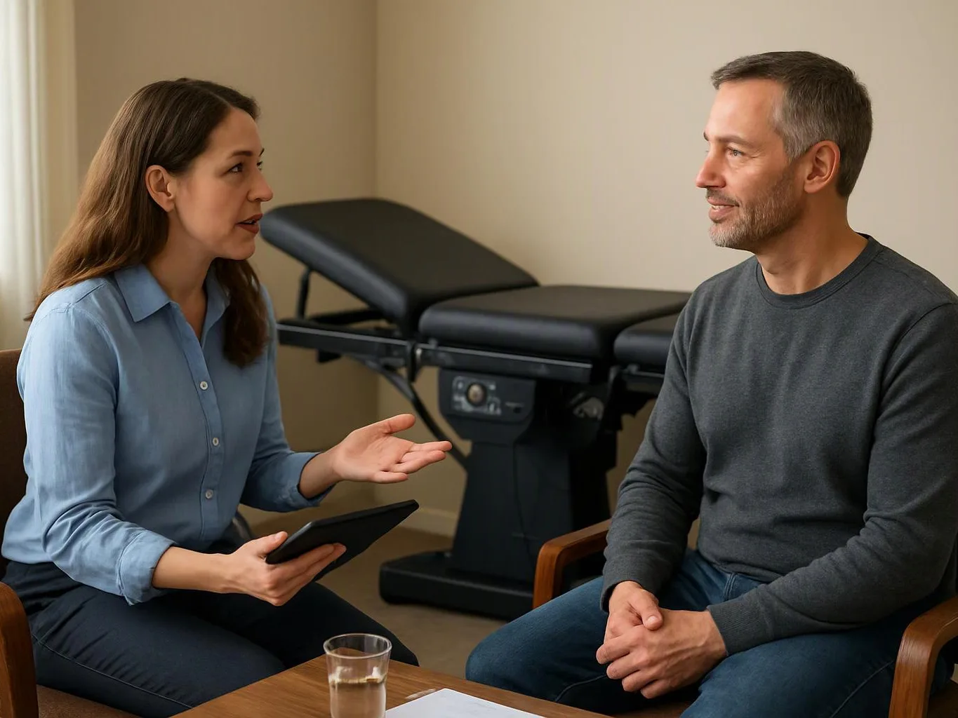 A woman talks with a man in a clinic room, with a treatment table and a glass on the table