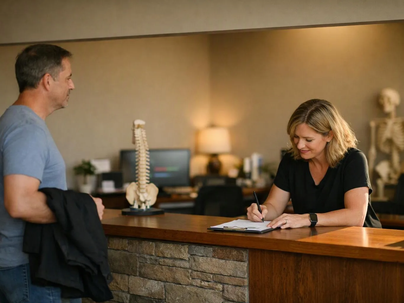 A woman writes on a clipboard across a counter as a man waits beside a model spine in a clinic lobby