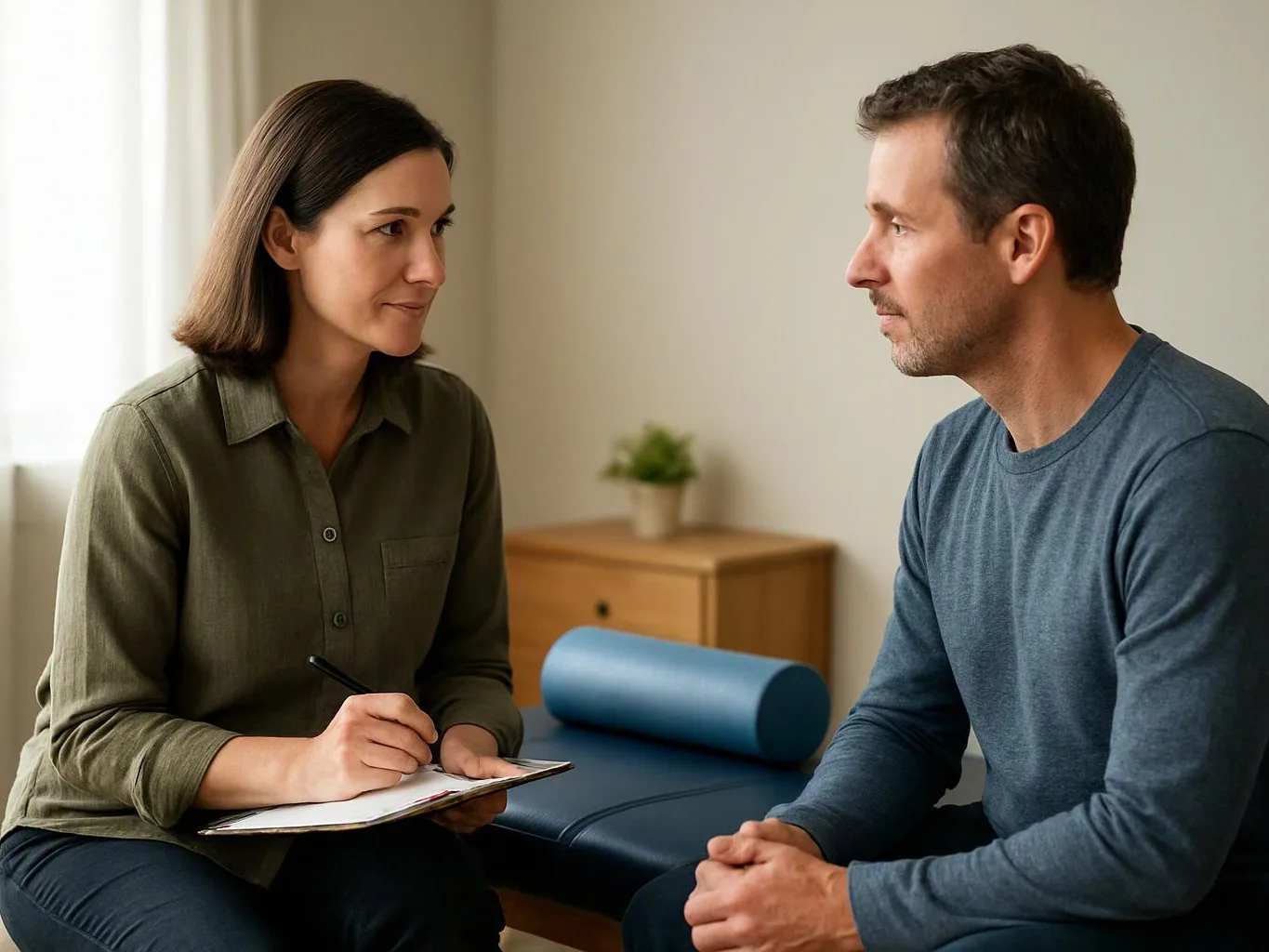 A woman writes on a clipboard while talking to a seated man in a calm therapy room