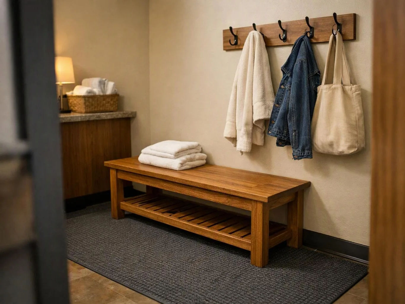 A wooden bench with folded towels sits beneath wall hooks holding a robe, denim jacket, and tote bag