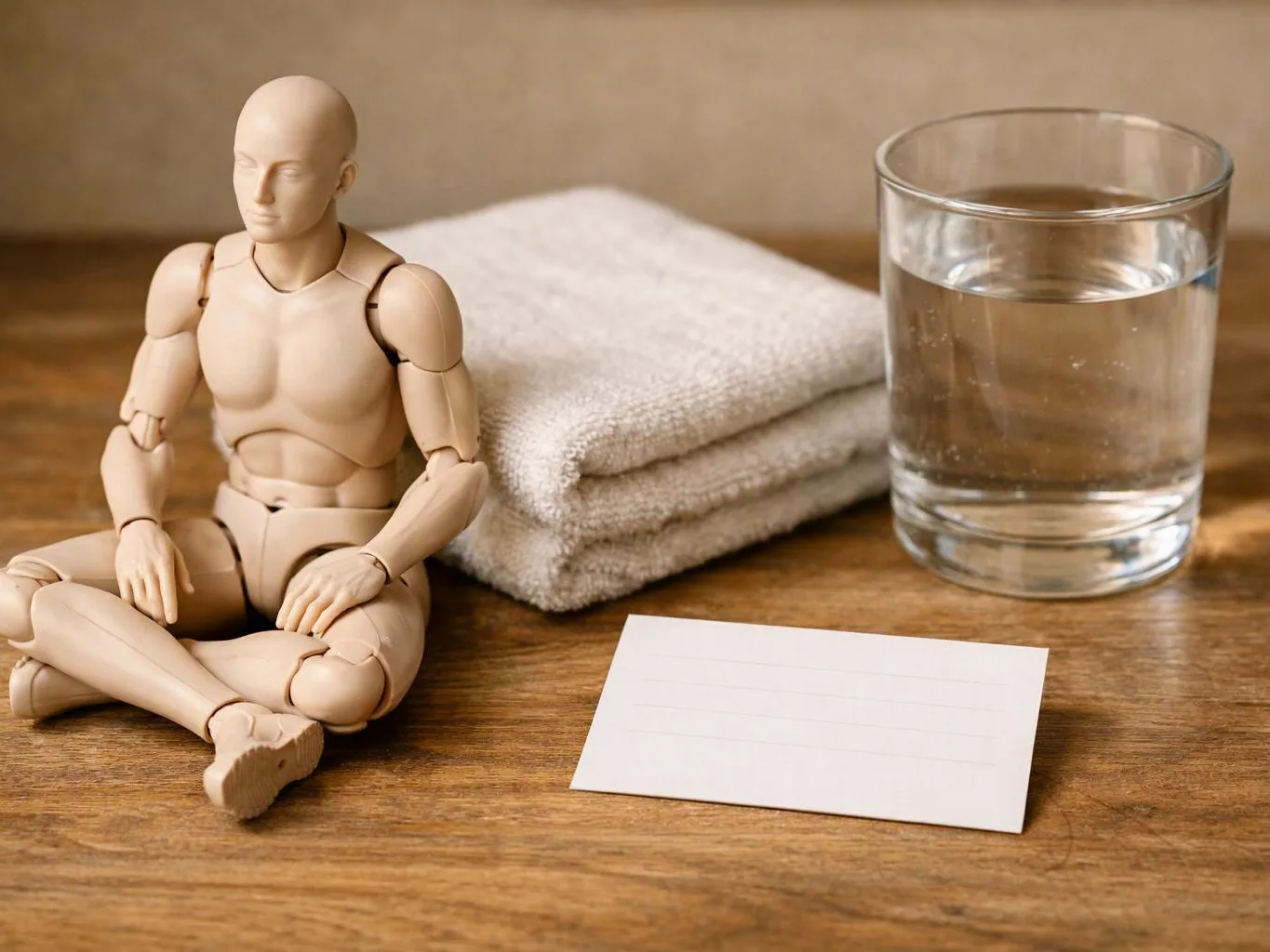 A wooden mannequin sits beside folded towels, a glass of water, and a blank note card on a table