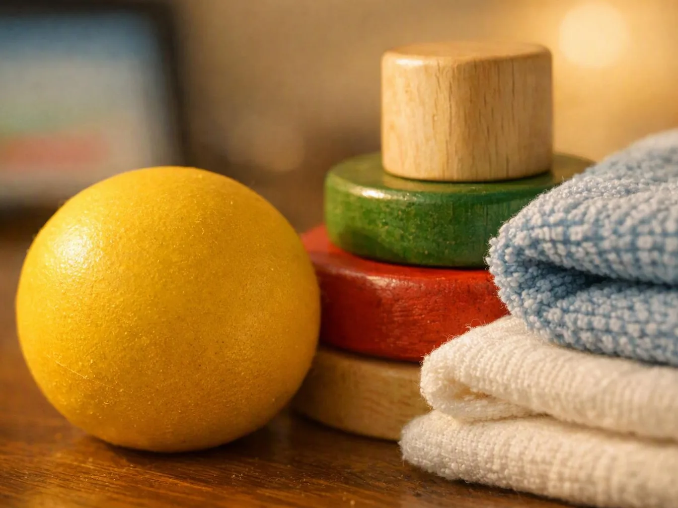 A yellow ball sits beside stacked wooden blocks and folded towels on a wooden surface