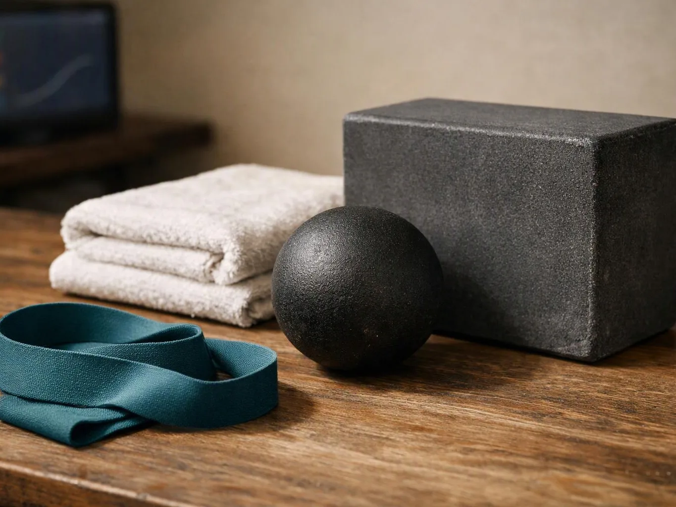 A yoga block, massage ball, folded towel, and resistance band rest on a wooden table