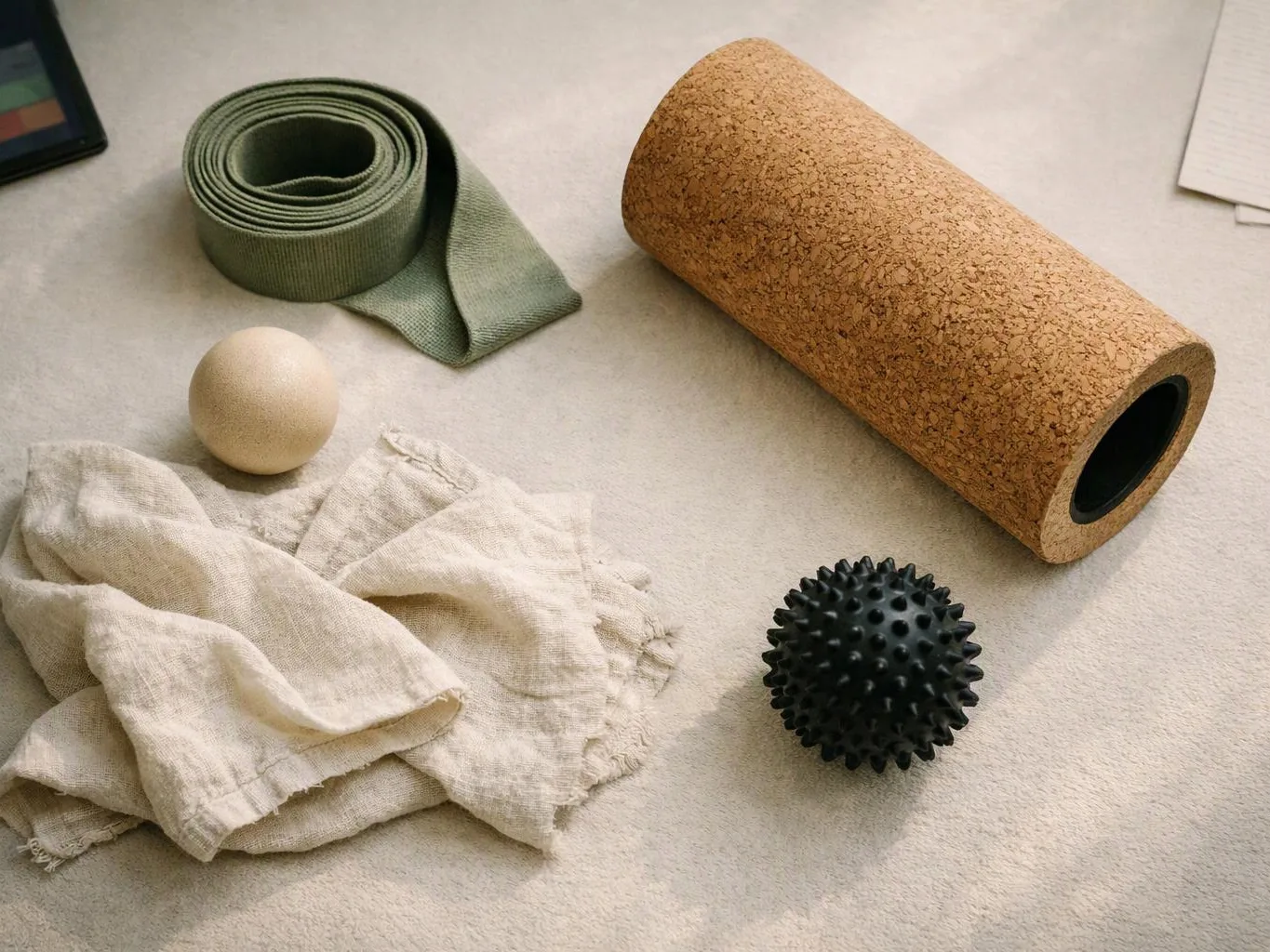 A yoga mat, cork roller, massage ball, cloth, and spiky black ball rest on a light surface