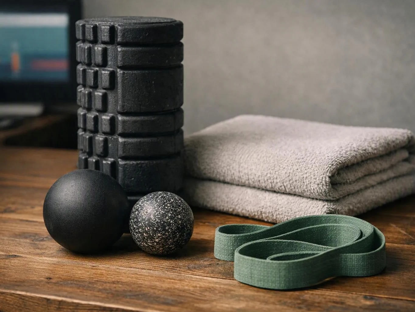 Yoga props and towels sit on a wooden table beside foam rollers and exercise balls